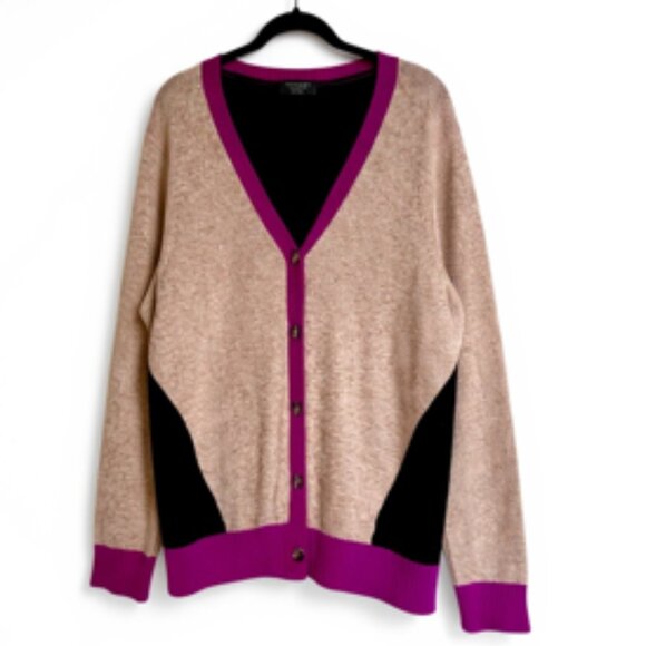 100% Cashmere Charter Club Colorblock Cardigan Sweater Pink Tan Black Women’s XL - Picture 1 of 13